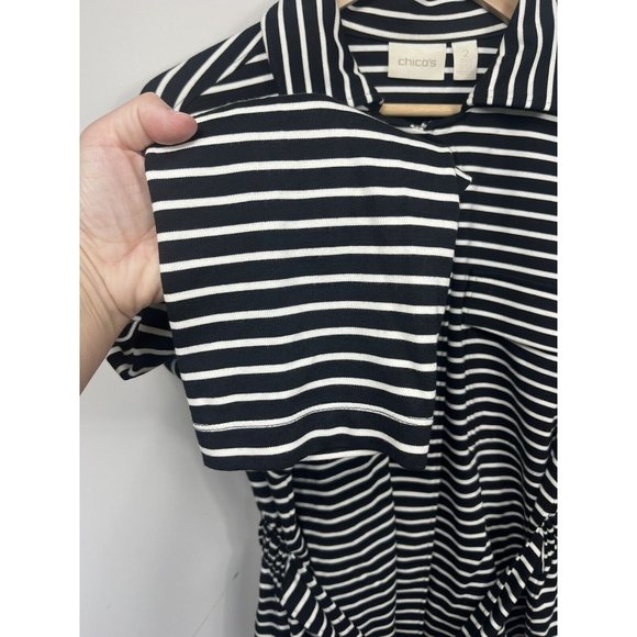 Chicos Sweatshirt Jacket Womens Size 2 Black White Stripe Zip Up Belt Collar L - Picture 5 of 10